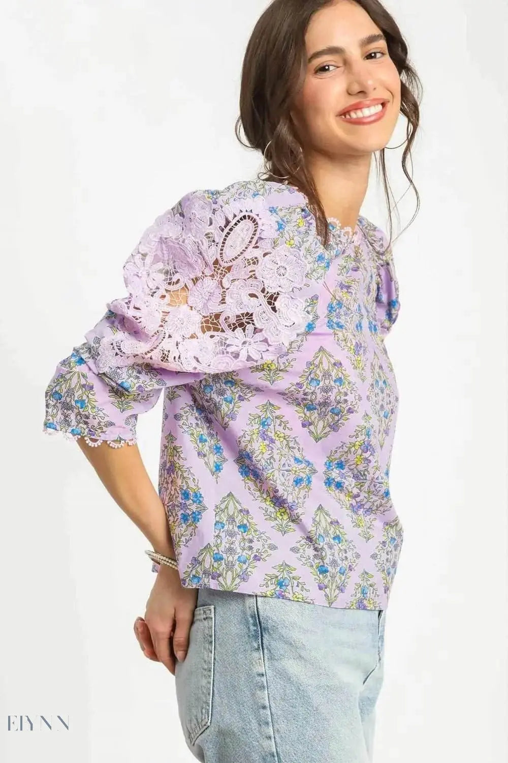 Umgee Floral Blouse with Lace Puff Sleeves - EBYNN