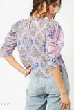 Umgee Floral Blouse with Lace Puff Sleeves - EBYNN