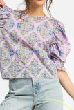 Umgee Floral Blouse with Lace Puff Sleeves - EBYNN
