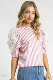 Umgee Striped Lace Blouse with Puff Sleeves for Chic Style - EBYNN