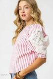 Umgee Striped Lace Blouse with Puff Sleeves for Chic Style - EBYNN