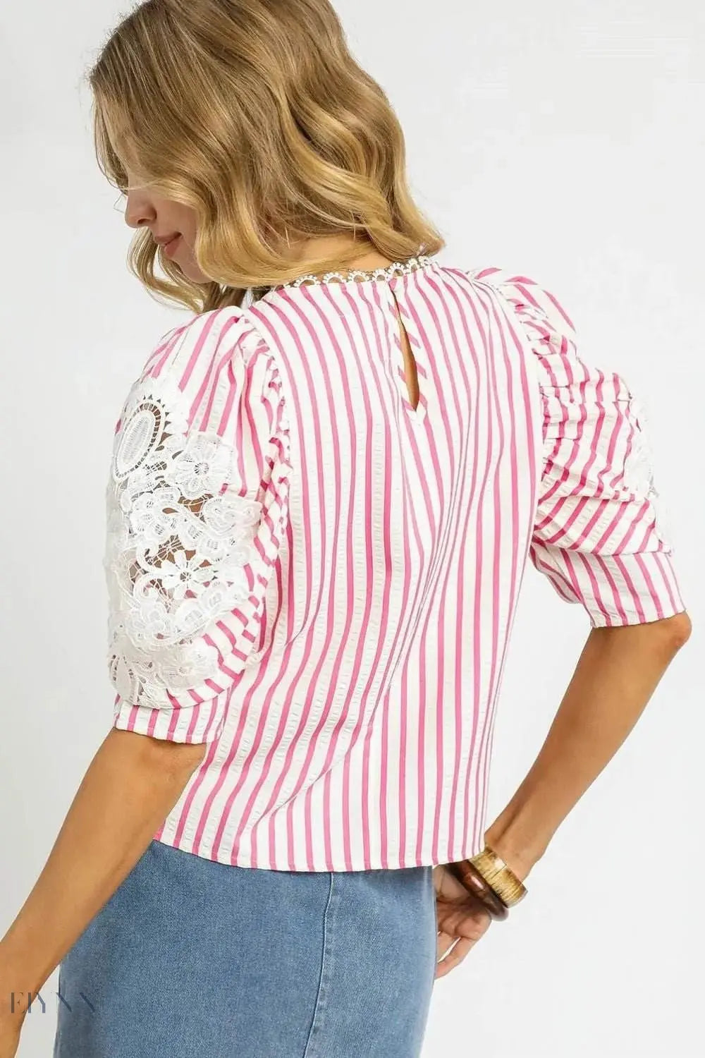 Umgee Striped Lace Blouse with Puff Sleeves for Chic Style - EBYNN