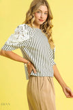 Umgee Lace Puff Sleeve Blouse with Striped Design - EBYNN