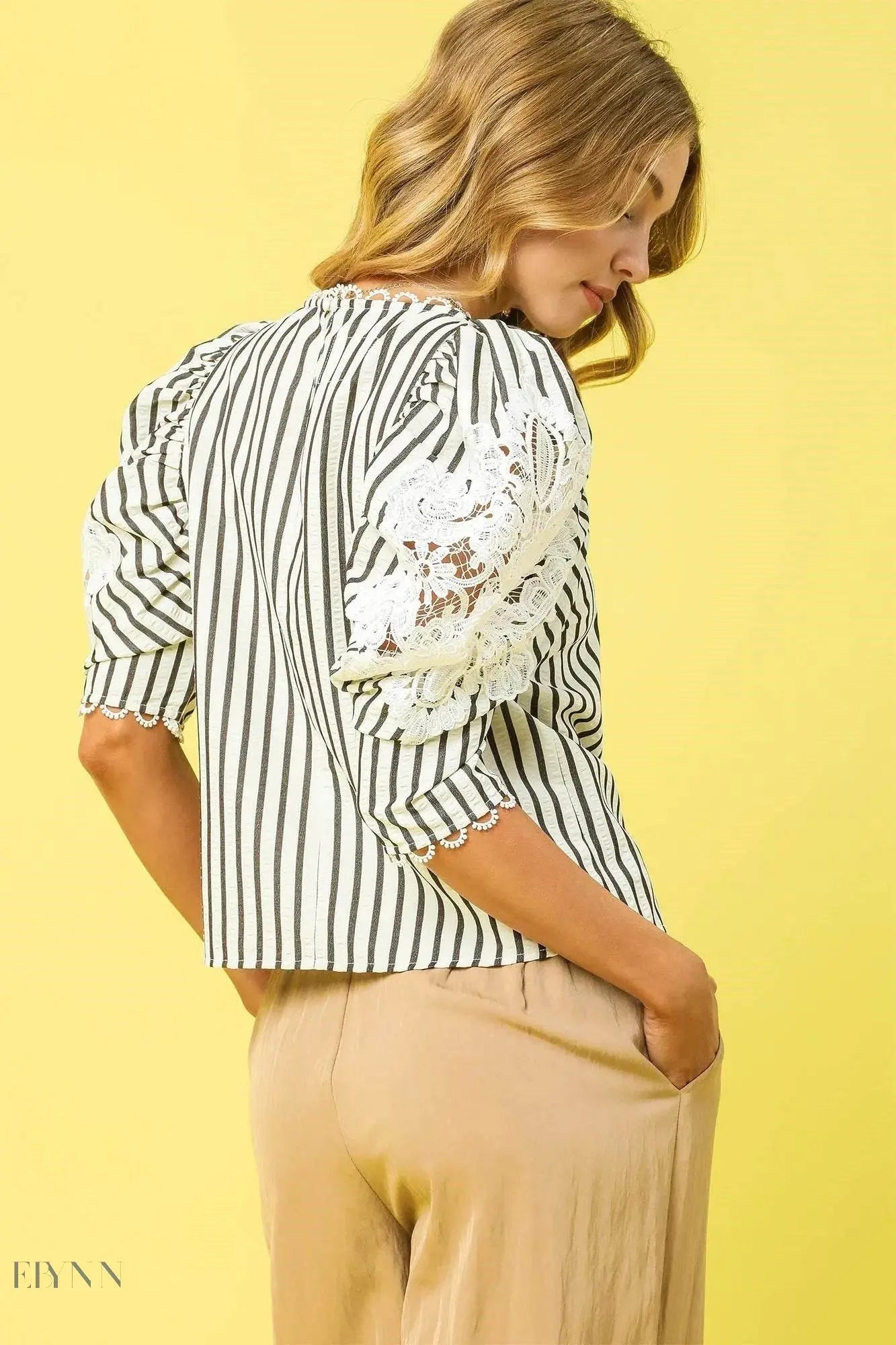 Umgee Lace Puff Sleeve Blouse with Striped Design - EBYNN