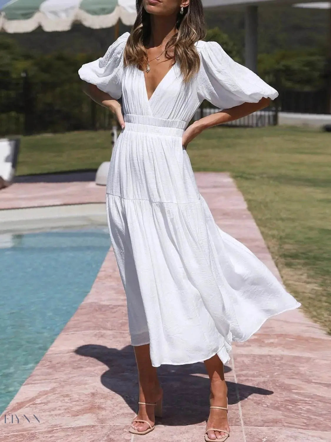 V-Neck Puff Sleeve Midi Dress - EBYNN