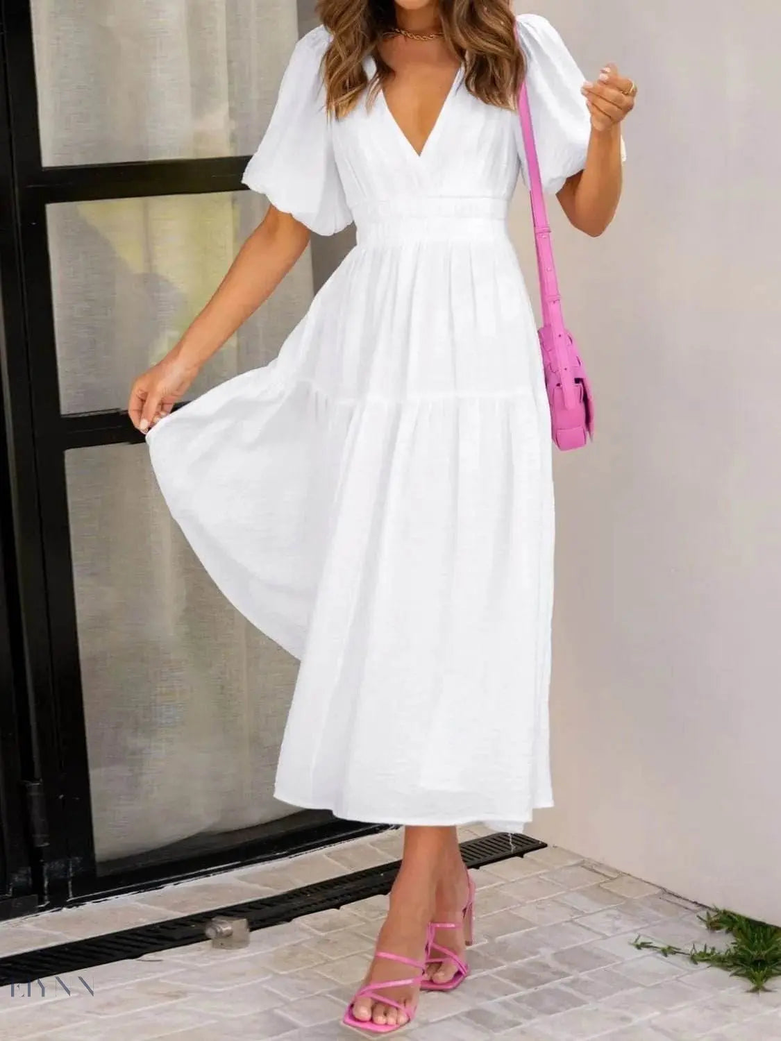 V-Neck Puff Sleeve Midi Dress - EBYNN