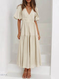 V-Neck Puff Sleeve Midi Dress - EBYNN