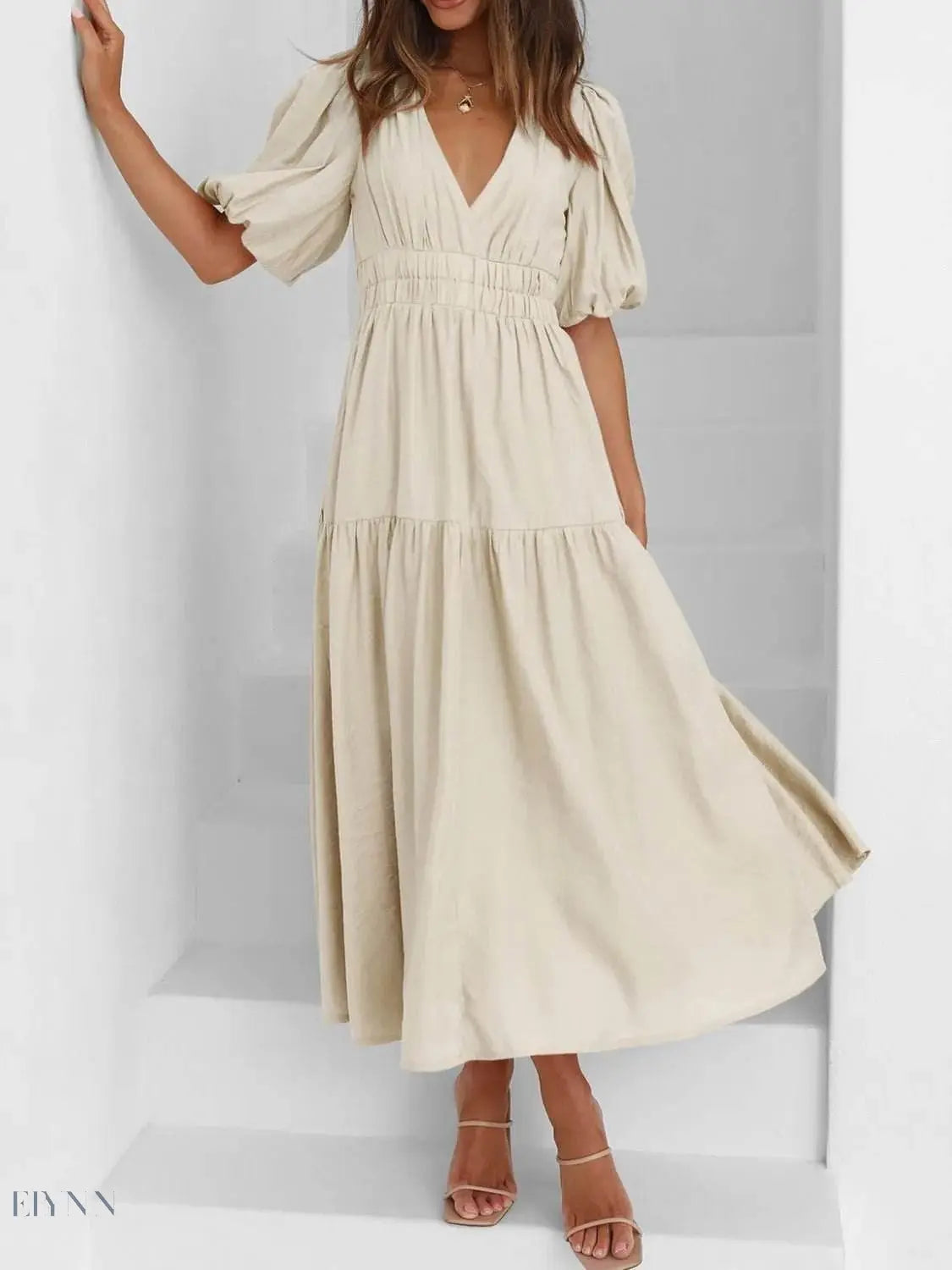 V-Neck Puff Sleeve Midi Dress - EBYNN