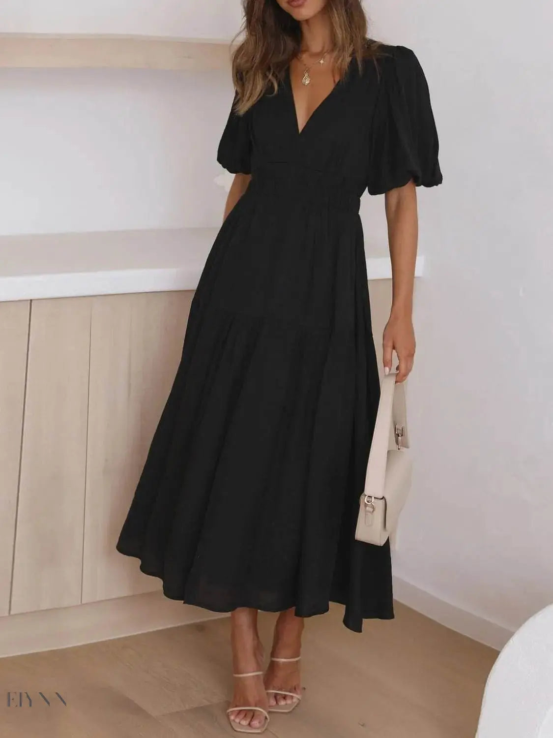 V-Neck Puff Sleeve Midi Dress - EBYNN
