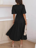 V-Neck Puff Sleeve Midi Dress - EBYNN