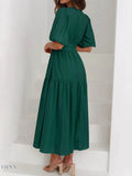 V-Neck Puff Sleeve Midi Dress - EBYNN