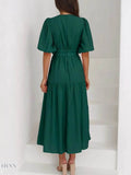 V-Neck Puff Sleeve Midi Dress - EBYNN