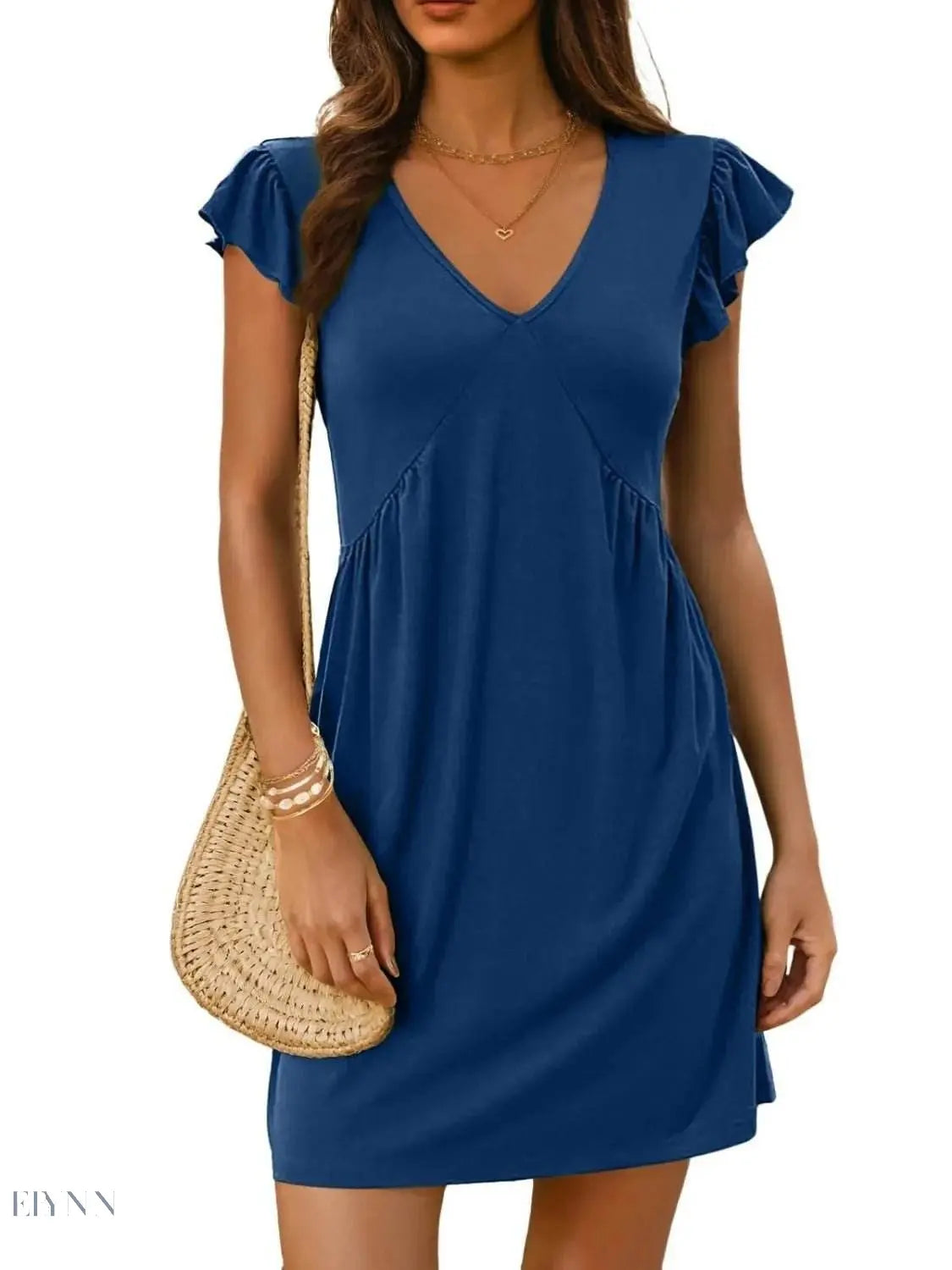 V-Neck Ruffled Cap Sleeve Mini Dress - EBYNN