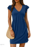 V-Neck Ruffled Cap Sleeve Mini Dress - EBYNN