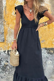 V Neck Ruffled Cap Sleeve Smocked Maxi Dress - EBYNN