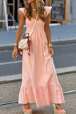 V Neck Ruffled Cap Sleeve Smocked Maxi Dress - EBYNN