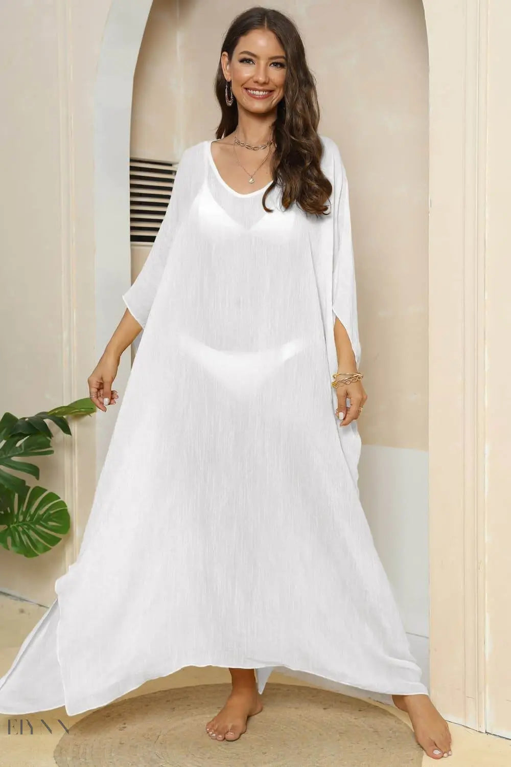 V-Neck Three-Quarter Sleeve Beach Cover-Up - EBYNN