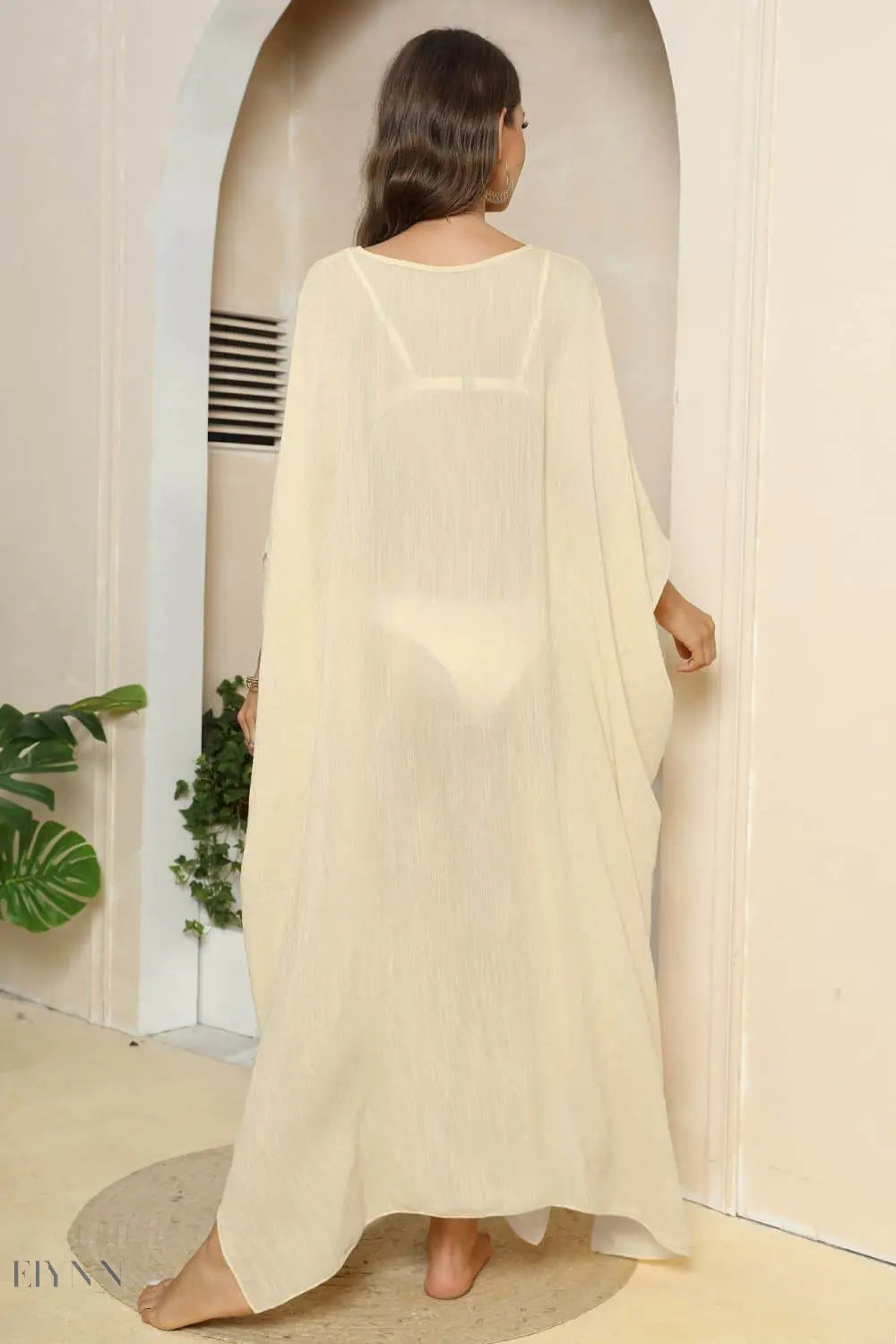 V-Neck Three-Quarter Sleeve Beach Cover-Up - EBYNN