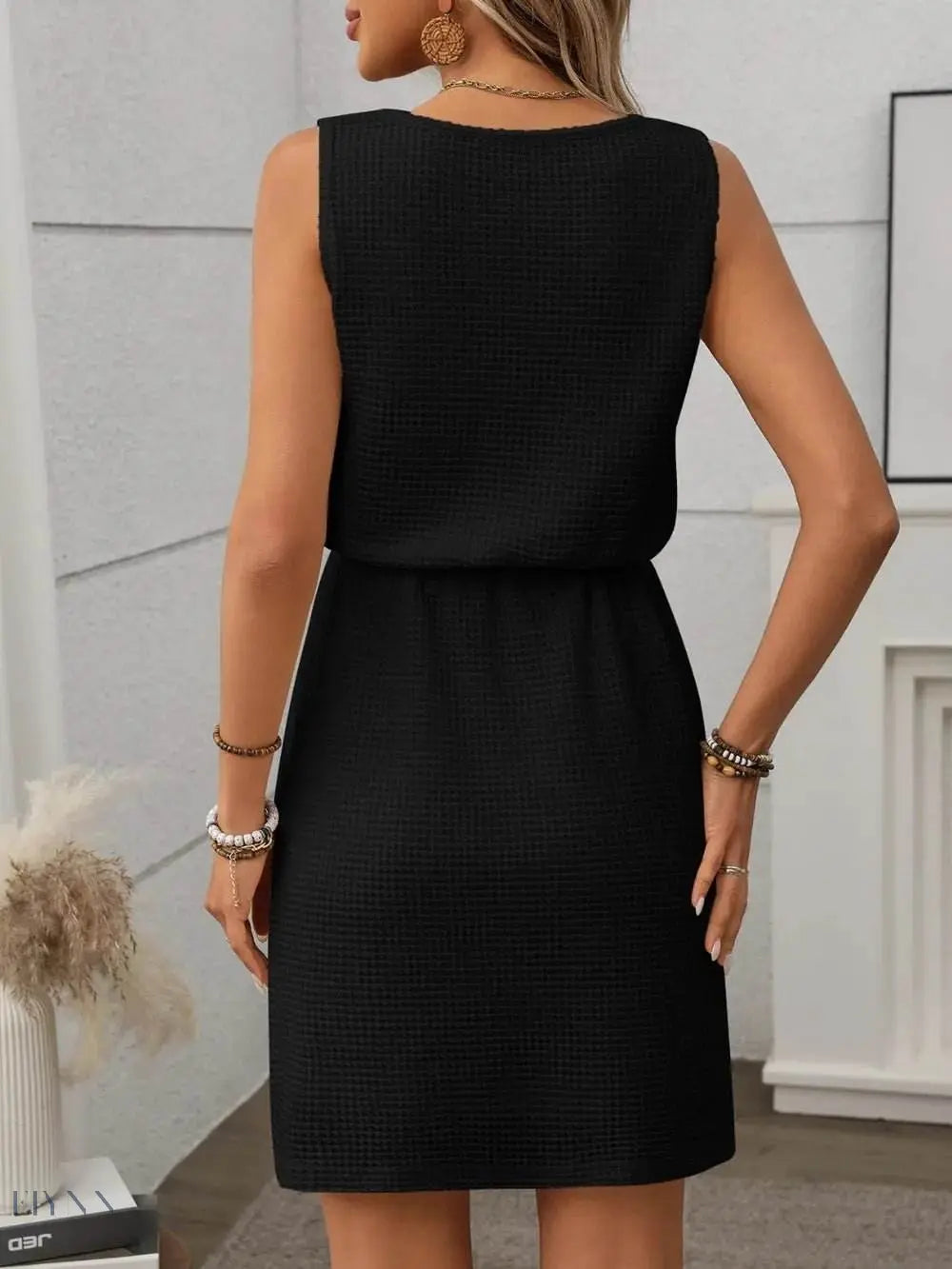 Waffle Knit Mini Tank Dress with Drawstring Design - EBYNN