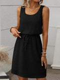 Waffle Knit Mini Tank Dress with Drawstring Design - EBYNN