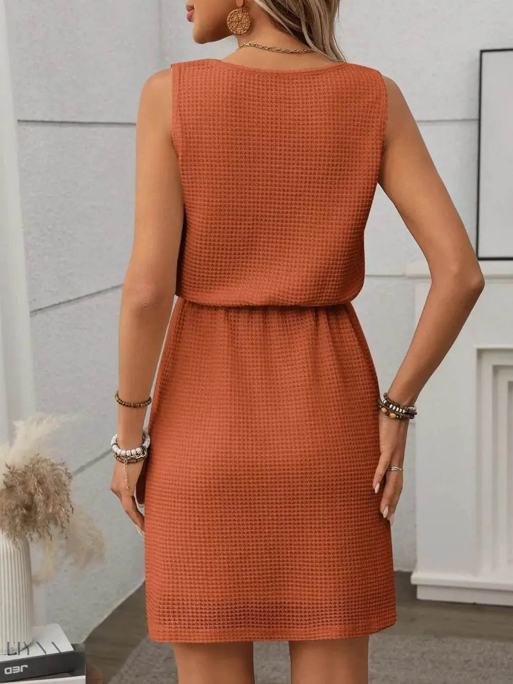 Waffle Knit Mini Tank Dress with Drawstring Design - EBYNN