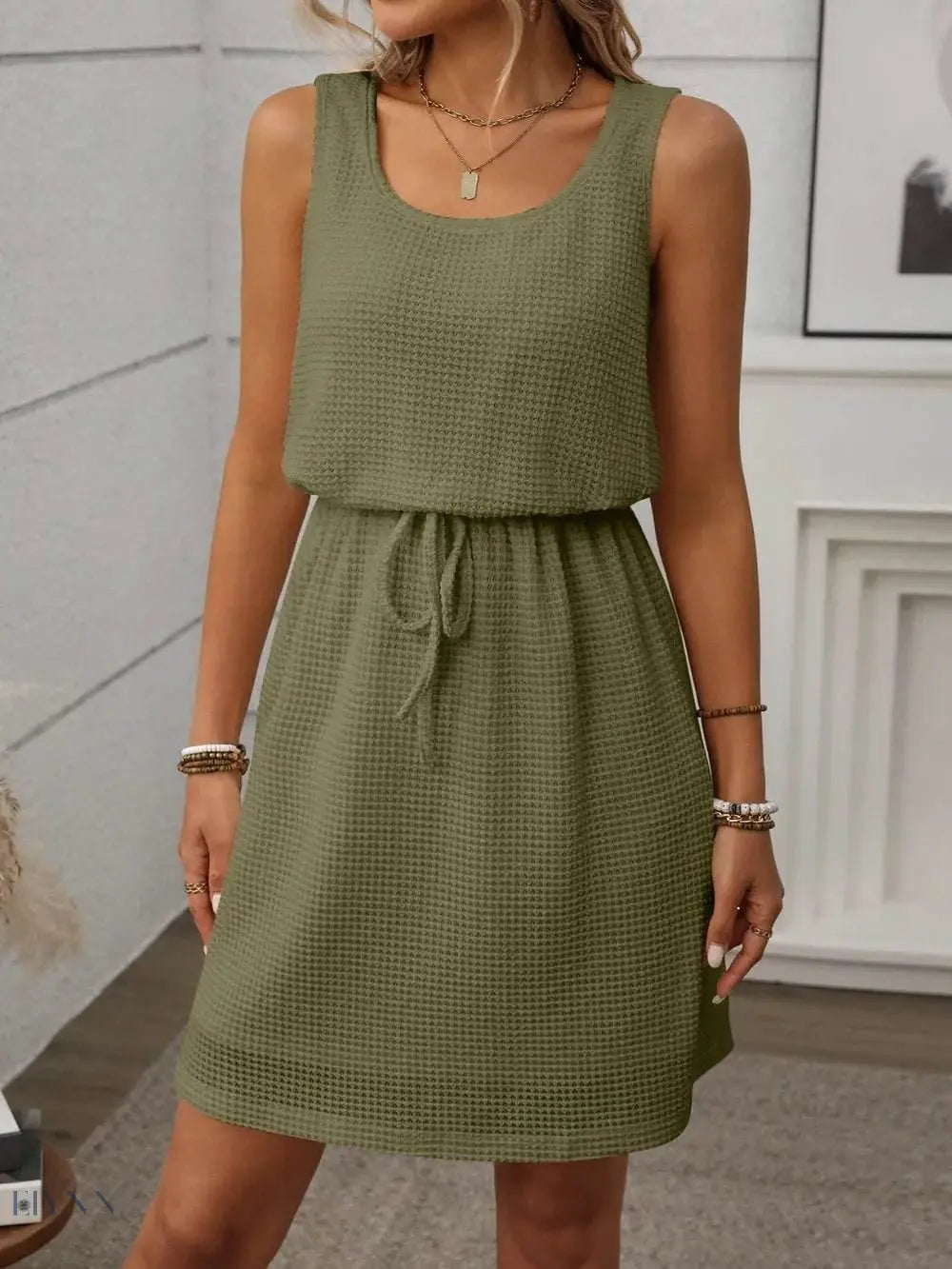 Waffle Knit Mini Tank Dress with Drawstring Design - EBYNN