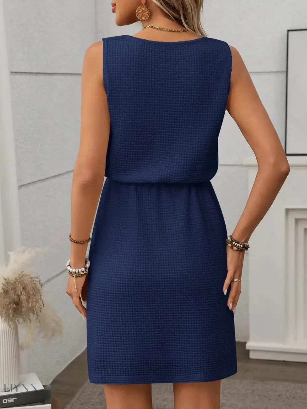 Waffle Knit Mini Tank Dress with Drawstring Design - EBYNN