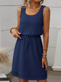 Waffle Knit Mini Tank Dress with Drawstring Design - EBYNN