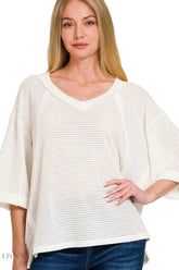 Zenana Waffle V-Neck Top - Brushed Waffle 3/4 Sleeve Design - EBYNN