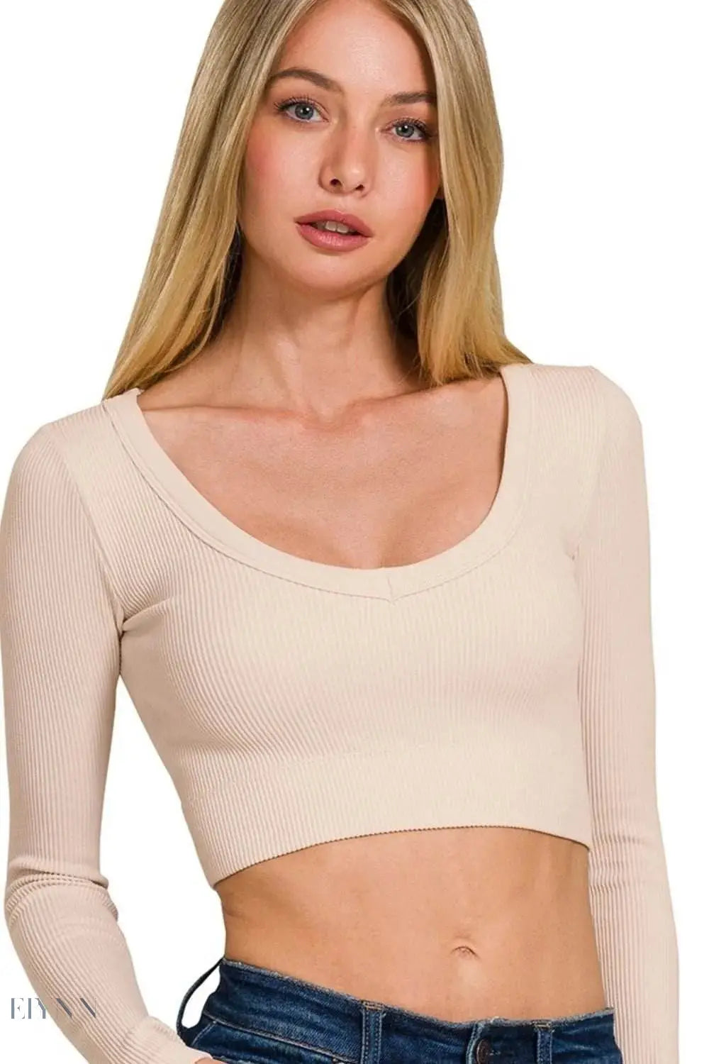 Zenana Seamless Fitted Crop Top with Long Sleeve V-neck Design - EBYNN