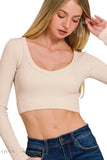 Zenana Seamless Fitted Crop Top with Long Sleeve V-neck Design - EBYNN
