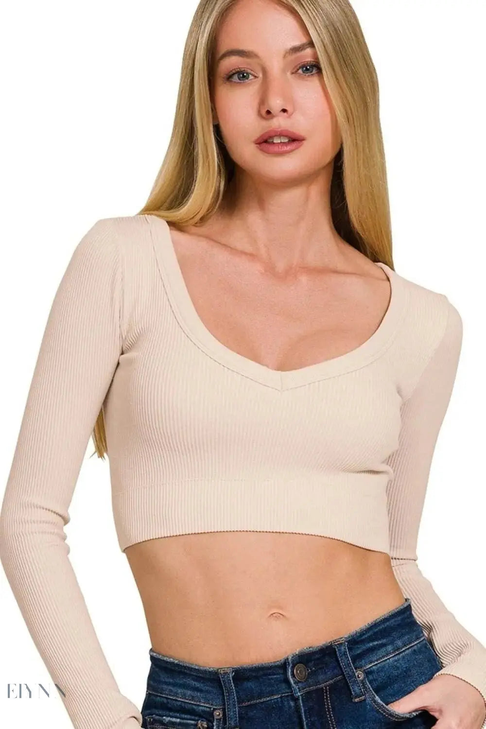 Zenana Seamless Fitted Crop Top with Long Sleeve V-neck Design - EBYNN