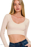 Zenana Seamless Fitted Crop Top with Long Sleeve V-neck Design - EBYNN