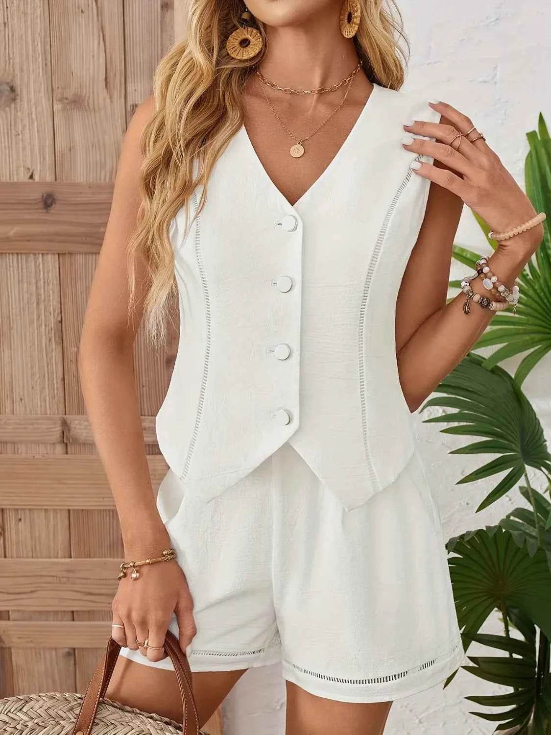 Button-Up Cotton Vest and Shorts Set - EBYNN
