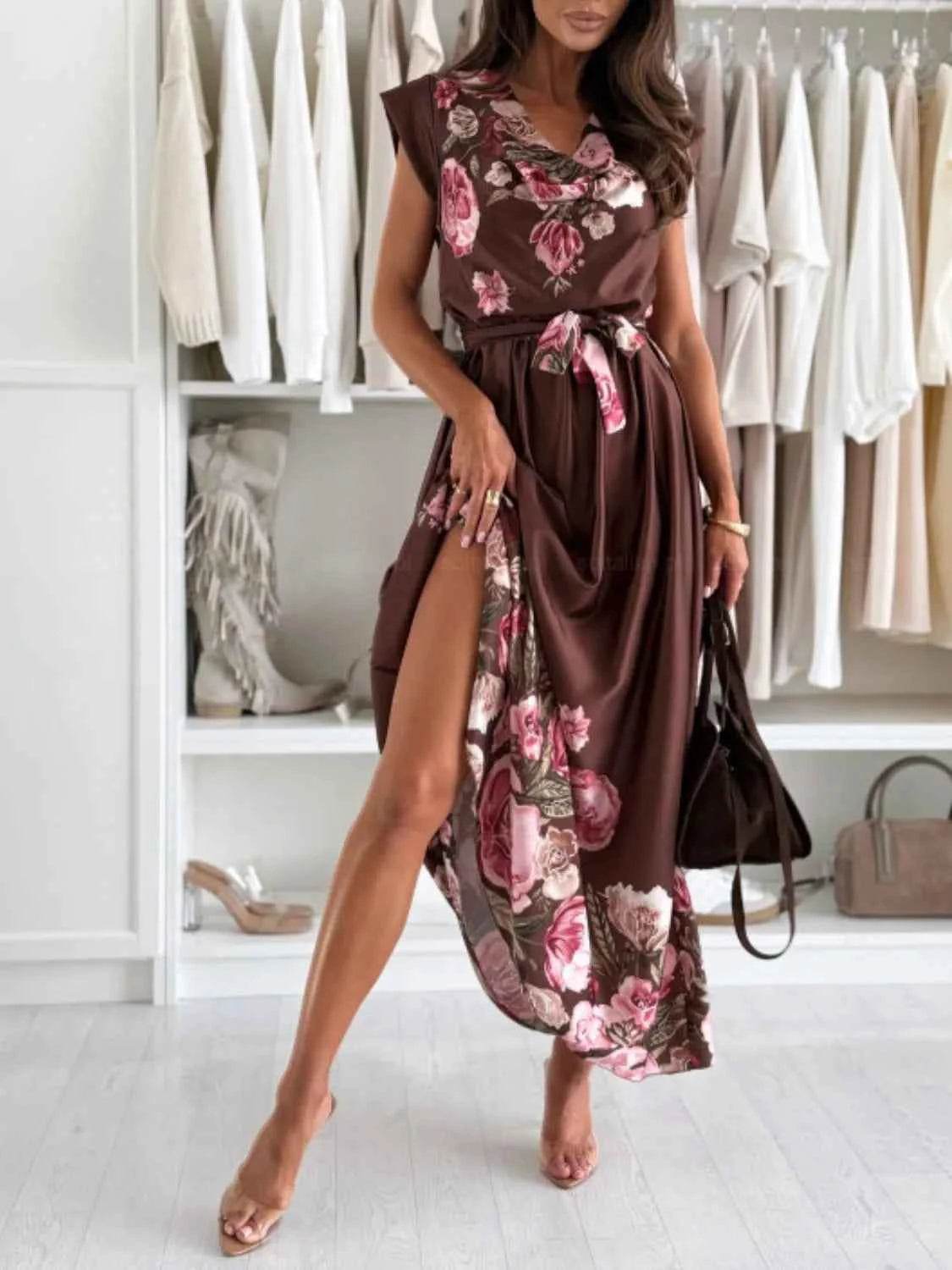Floral Tie Waist Cap Sleeve Dress.