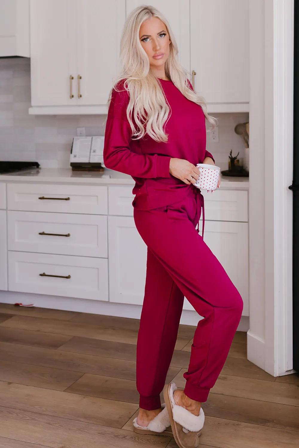 Round Neck Top and Drawstring Pants Lounge Set.