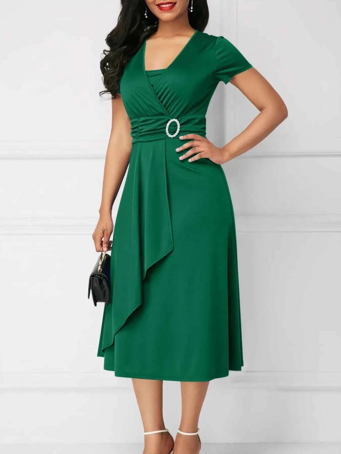 Women's Short Sleeve Midi Wrap Dress with Belt.