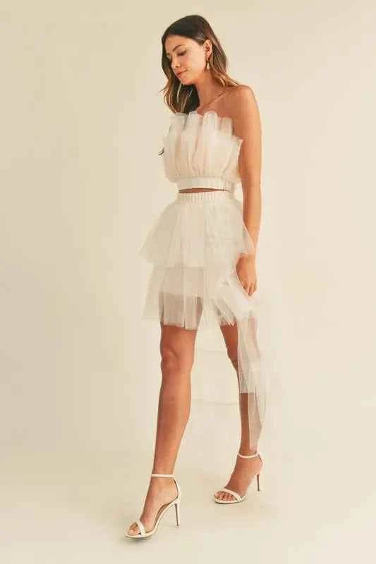 MABLE Tulle Ruffle Crop Top & High Low Maxi Skirt Set - EBYNN