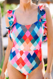 Multicolor Plaid Print Backless One-Piece Swimwear.