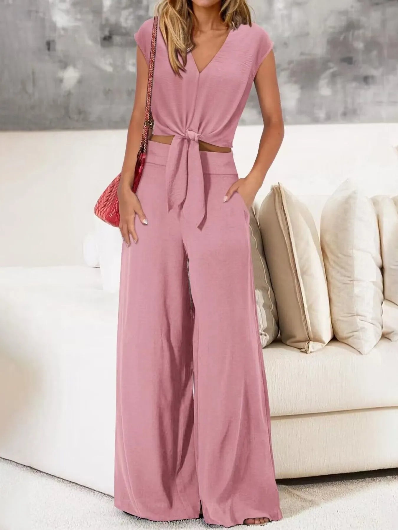 Tie Front Top & Wide Leg Pants Set.
