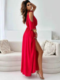 Tied Shoulder Slit Maxi Dress.