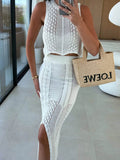 Openwork Round Neck Top & Slit Skirt Sweater Set - EBYNN