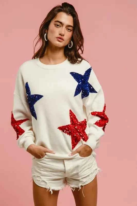 BiBi Velvet Sequin Star Patches Sweater Top.