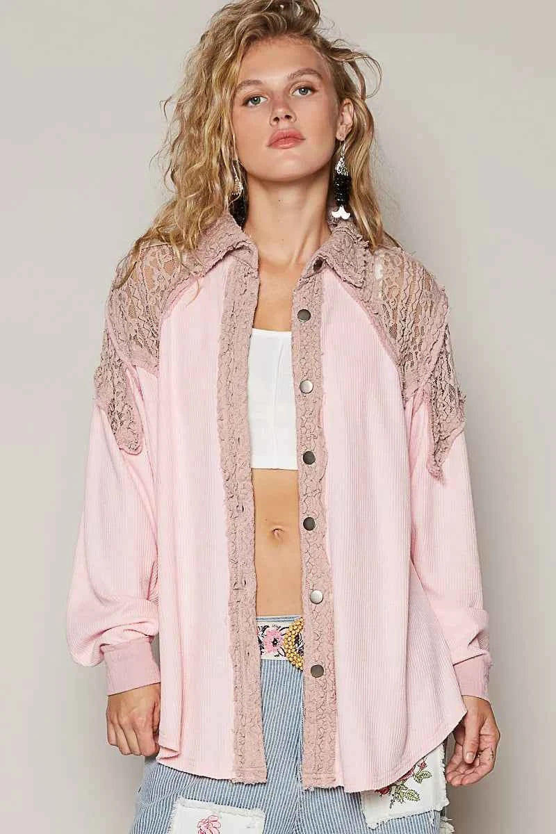 POL Lace Patchwork Button Up Shacket.