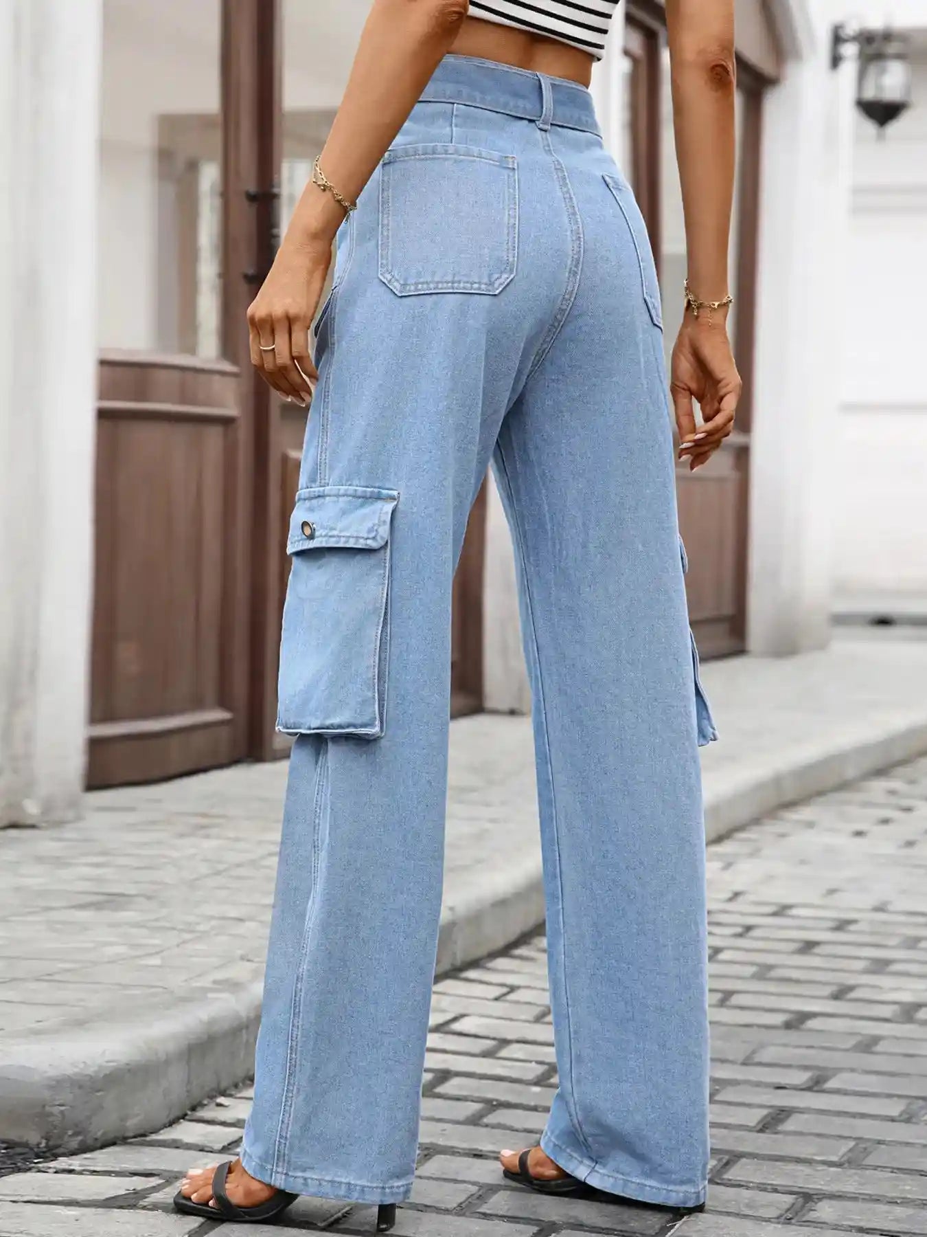 High-Waisted Multi-Pocket Cargo Jeans.
