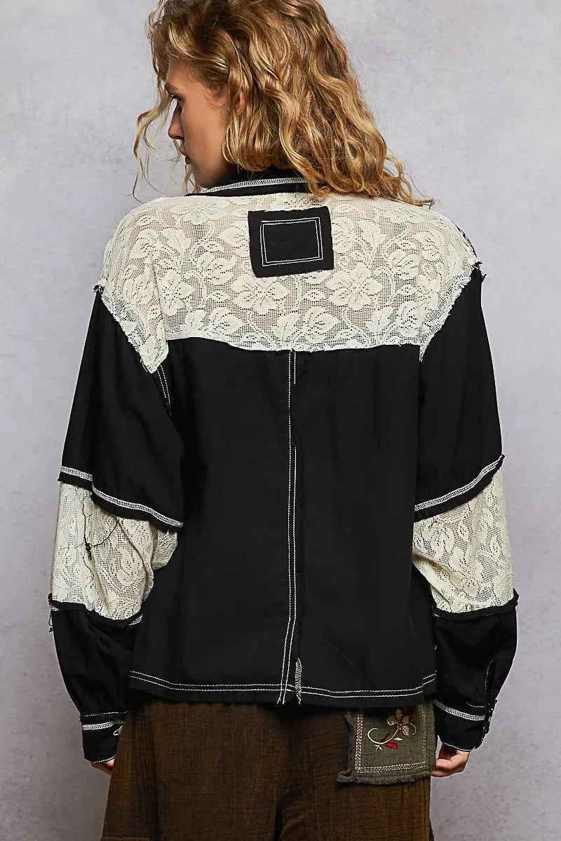 POL Printed Woven Mix Raw Hem Jacket with Lace Detail.