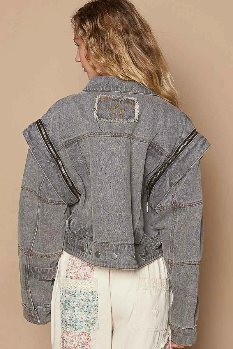 Cropped Denim Jacket with Functional Zipper Detail.