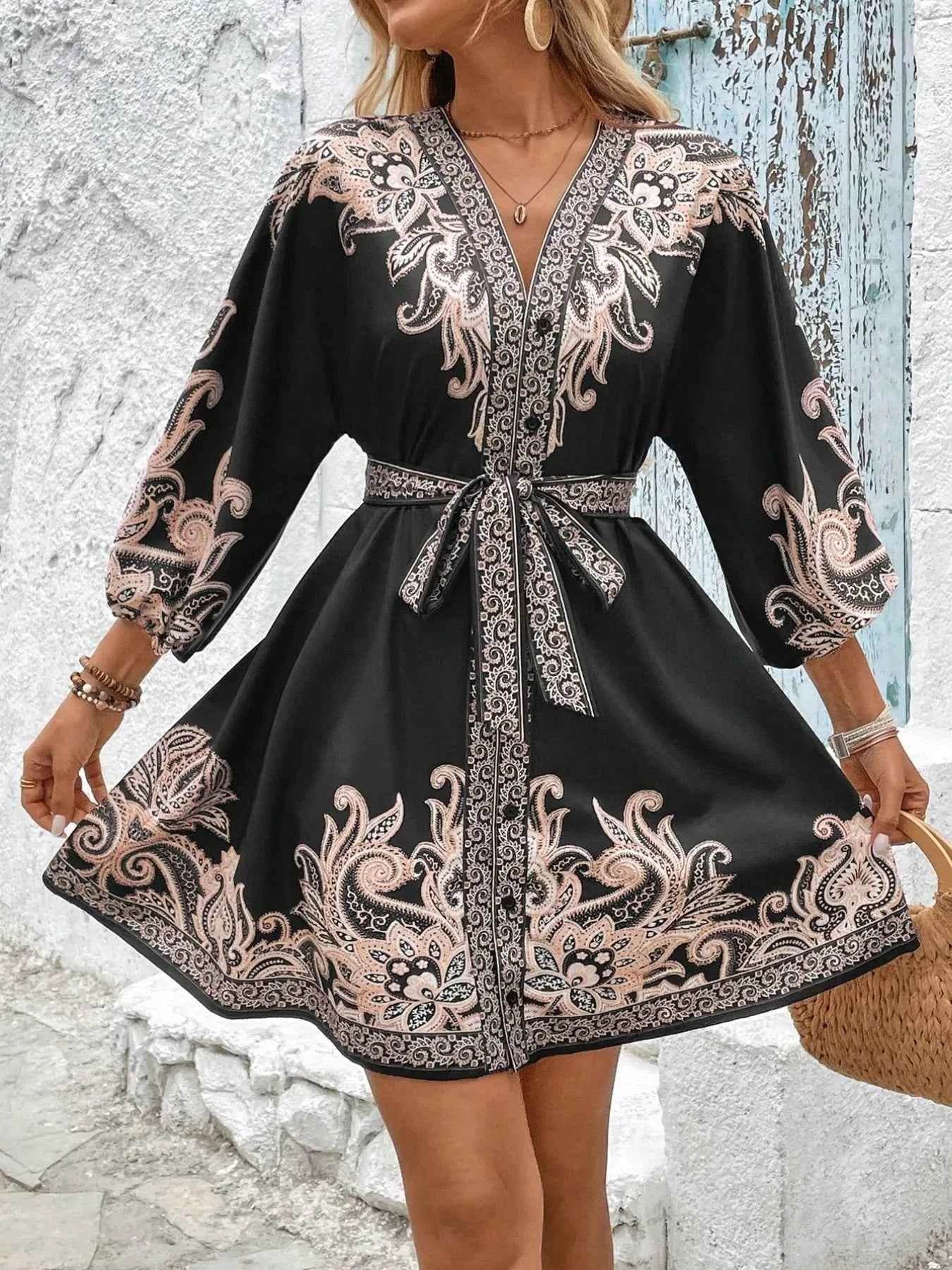 Printed V-Neck Balloon Sleeve Mini Dress.