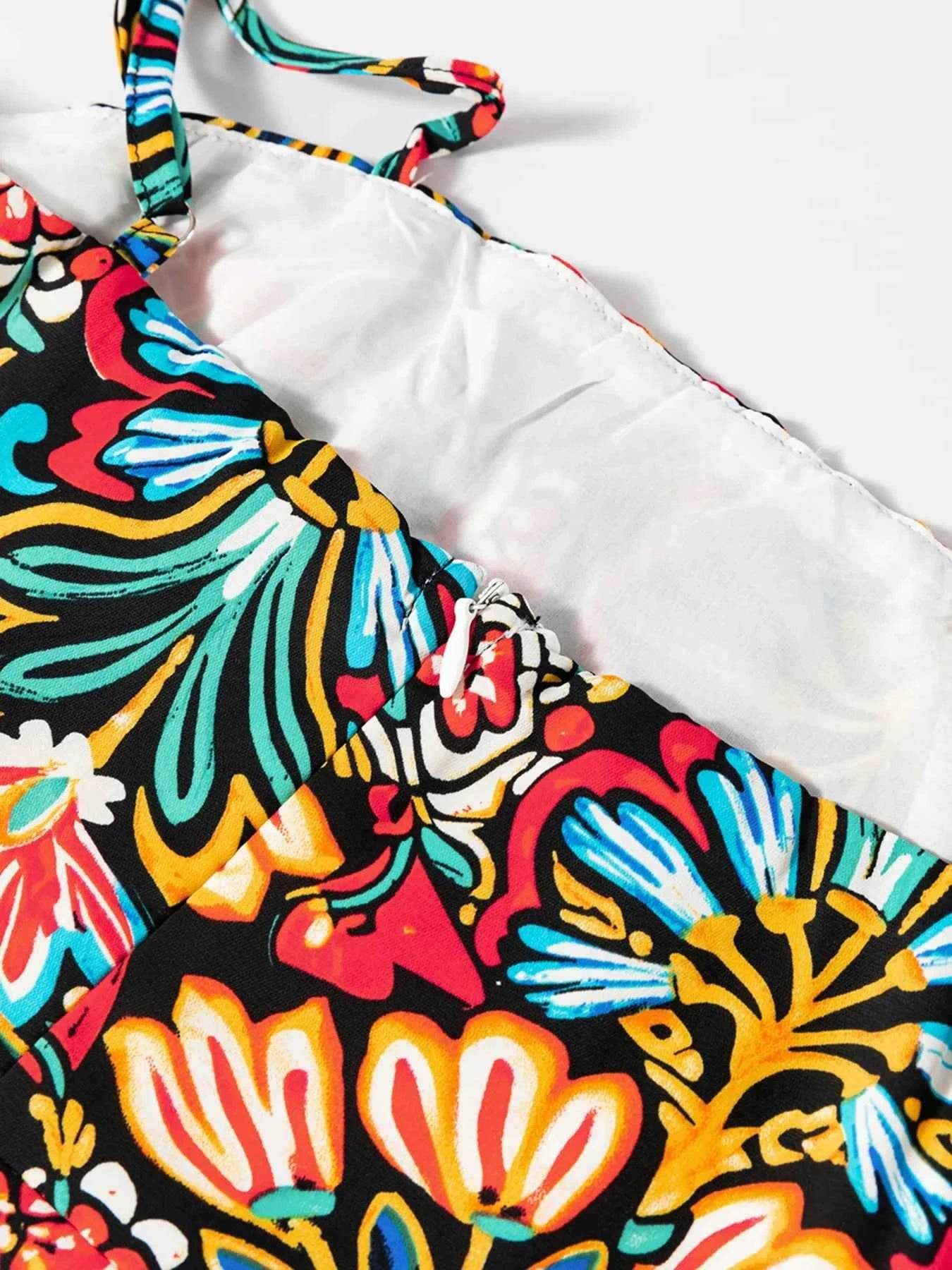 Floral Print High Waist Maxi Dress with Thin Straps.