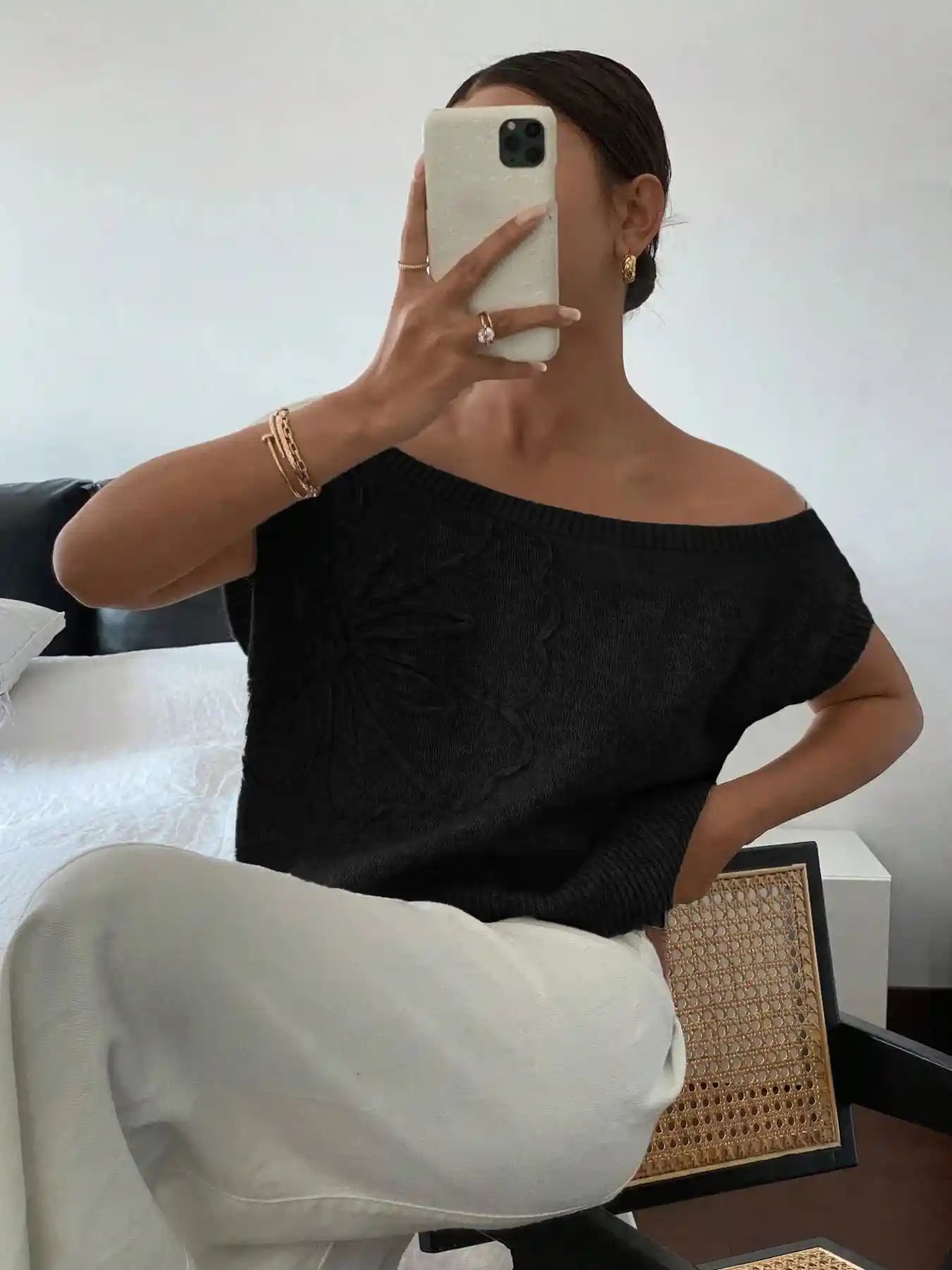 Ribbed Hem Boat Neck Sweater.